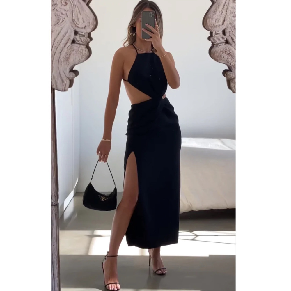Ronny Kobo Sero‎ Dress Black Midi Open Back Side Cut Out Side Slit Sz L